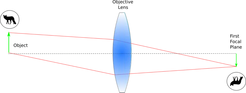 Objective lens to first focal plane